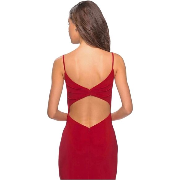 NWT La Femme 28079 Long Surplice Thigh High Slit Open Back Jersey Gown Size 8 - Picture 2 of 14